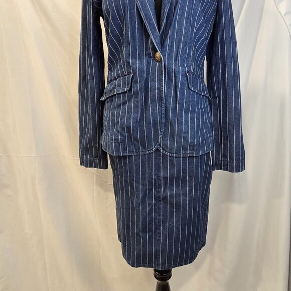 Ralph Laurel Jeans Blazer And Skirt Size 6 Blue With Pin Strips 100% Cotton - Picture 2 of 16